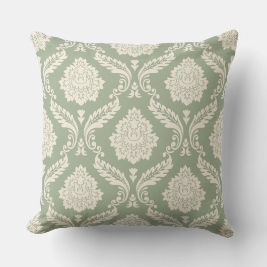 Rococo Damask Big Pattern Cream on Green クッション (正面)