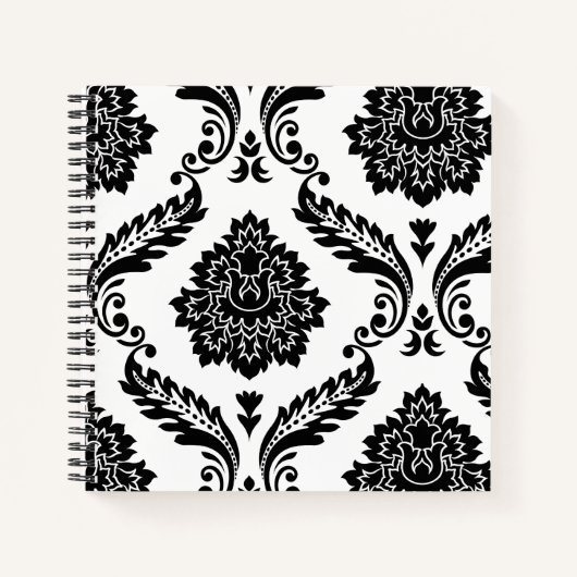 Rococo Damask Lg Off-Set Pattern Black on White ノートブック (正面)