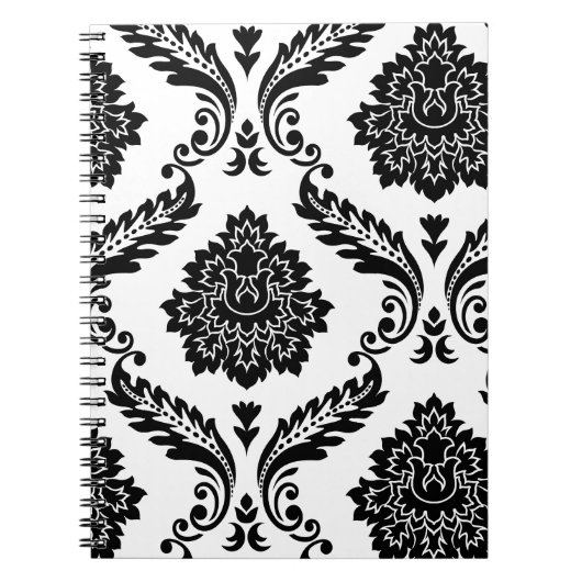 Rococo Damask Lg Off-Set Pattern Black on White ノートブック (正面)