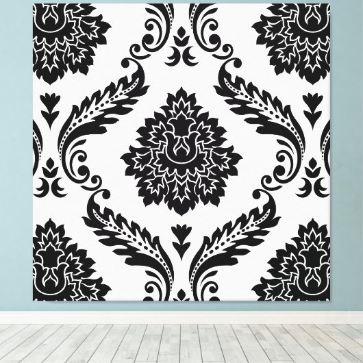 Rococo Damask Lg Pattern Black on White キャンバスプリント (インサイチュ (ウッドフロア))