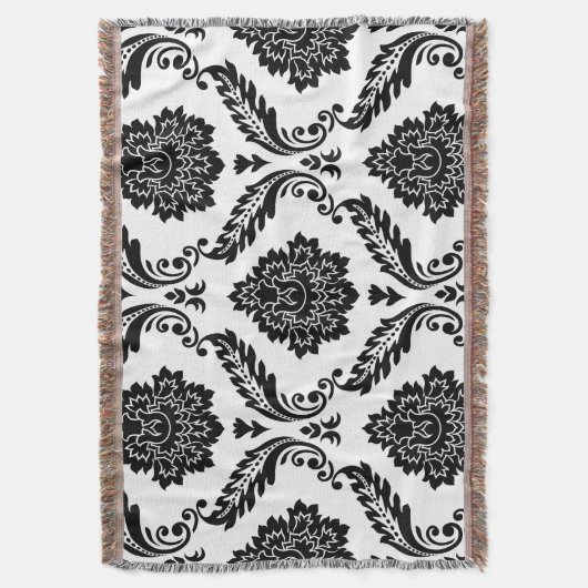 Rococo Damask Lg Pattern Black on White スローブランケット (正面縦)