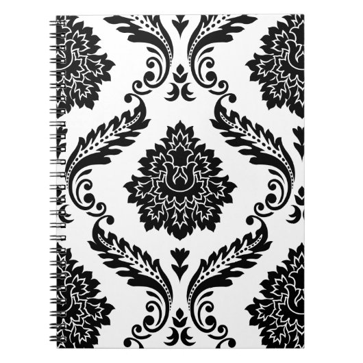 Rococo Damask Lg Pattern Black on White ノートブック (正面)