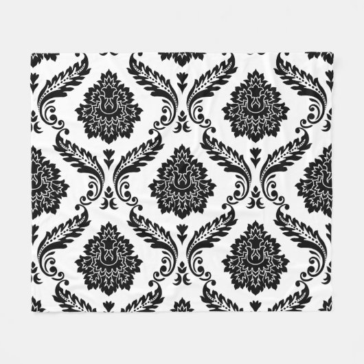Rococo Damask Lg Pattern Black on White フリースブランケット (正面(横))