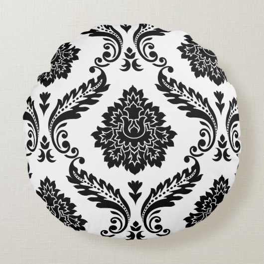 Rococo Damask Lg Pattern Black on White ラウンドクッション (正面)