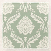 Rococo Damask Lg Pattern Cream on Green ガラスコースター (正面)