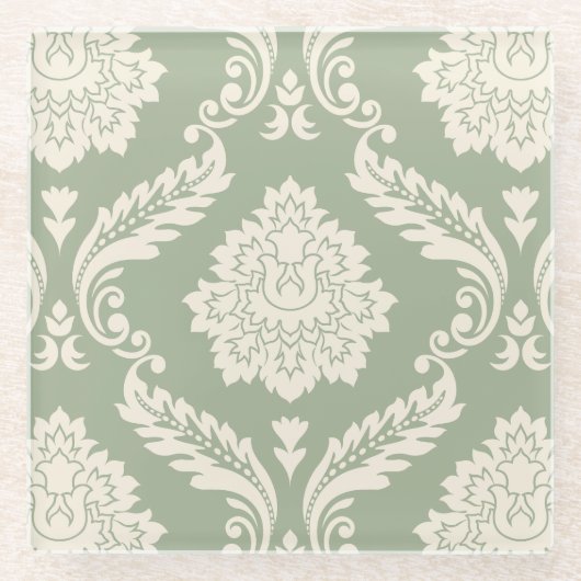 Rococo Damask Lg Pattern Cream on Green ガラスコースター (正面)