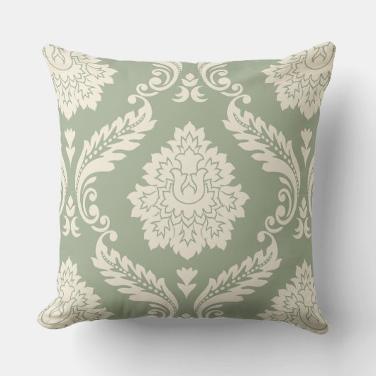 Rococo Damask Lg Pattern Cream on Green クッション (正面)