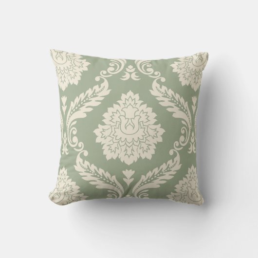 Rococo Damask Lg Pattern Cream on Green クッション (正面)