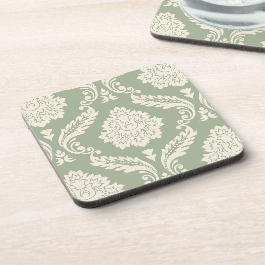 Rococo Damask Lg Pattern Cream on Green コースター (左側)