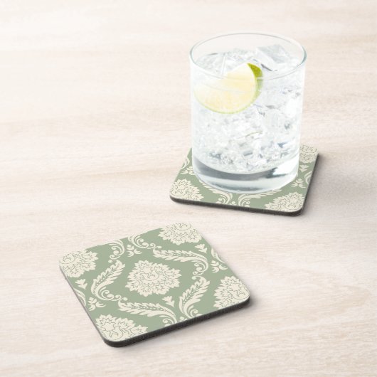 Rococo Damask Lg Pattern Cream on Green コースター (右側)