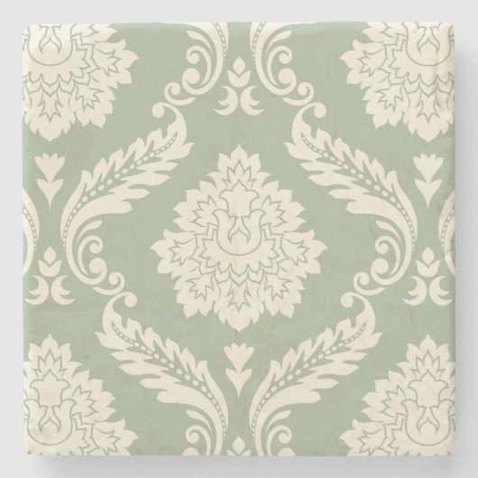 Rococo Damask Lg Pattern Cream on Green ストーンコースター (正面)