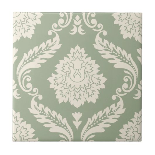 Rococo Damask Lg Pattern Cream on Green タイル (正面)