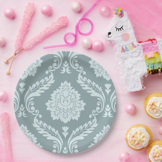 Rococo Damask Lg Pattern Duck Egg Blue+Teal ペーパープレート (パーティー)