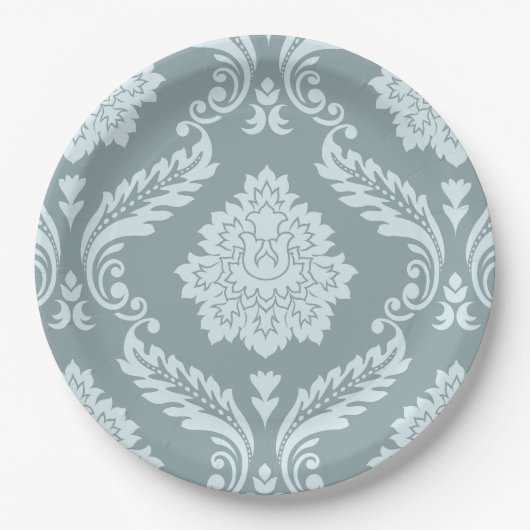 Rococo Damask Lg Pattern Duck Egg Blue+Teal ペーパープレート (正面)