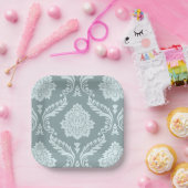 Rococo Damask Lg Pattern Duck Egg Blue+Teal ペーパープレート (パーティー)