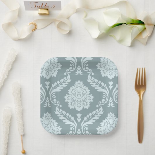 Rococo Damask Lg Pattern Duck Egg Blue+Teal ペーパープレート (ウェディング)