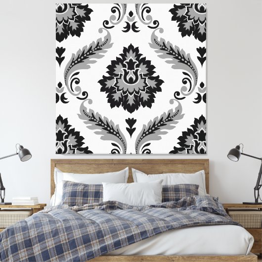 Rococo Damask Lg Pattern Grey Black White キャンバスプリント (インサイチュ (寝室))
