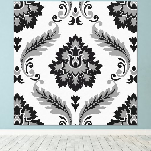 Rococo Damask Lg Pattern Grey Black White キャンバスプリント (インサイチュ (ウッドフロア))