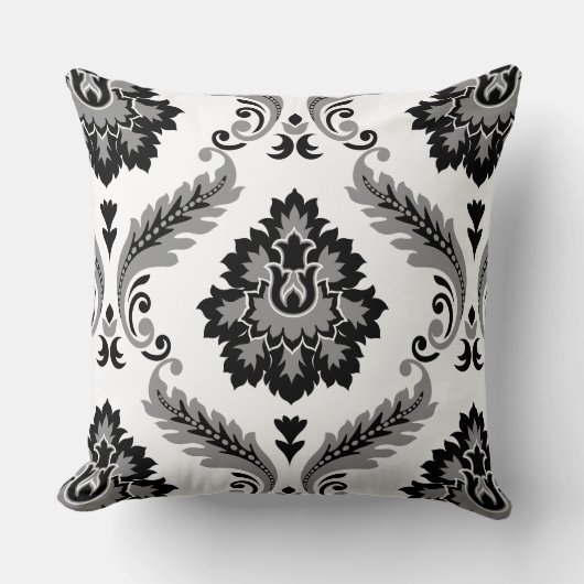 Rococo Damask Lg Pattern Grey Black White クッション (正面)