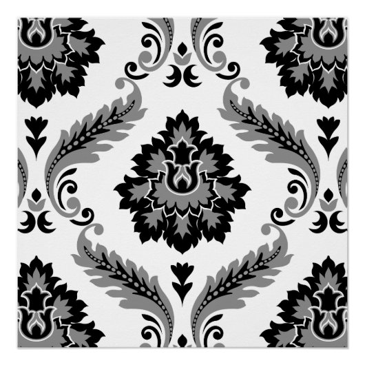 Rococo Damask Lg Pattern Grey Black White ポスター (正面)