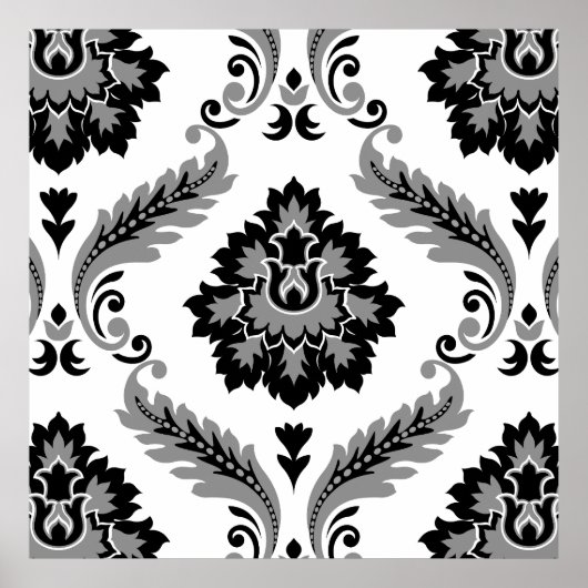 Rococo Damask Lg Pattern Grey Black White ポスター (正面)