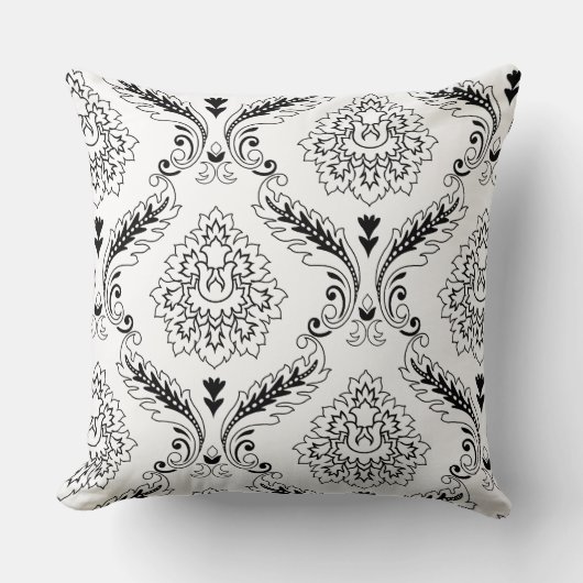 Rococo Damask Line Off-Set Pattern Black on White クッション (正面)