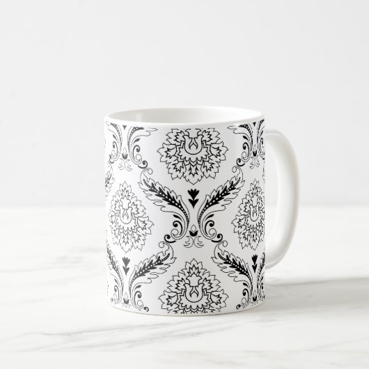 Rococo Damask Line Pattern Black on White コーヒーマグカップ (正面右)