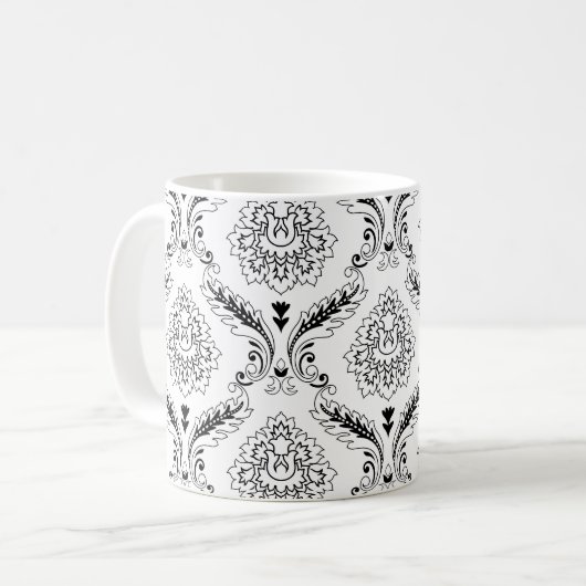 Rococo Damask Line Pattern Black on White コーヒーマグカップ (正面左)