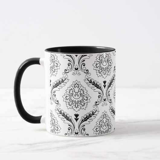 Rococo Damask Line Pattern Black on White マグカップ (左)