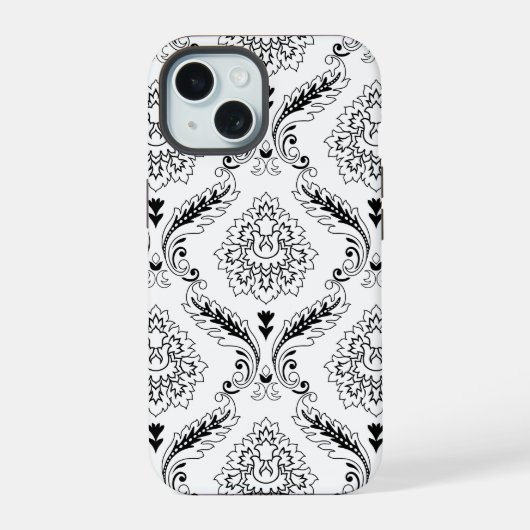 Rococo Damask Line Pattern Black on White iPhone 15ケース (裏面)