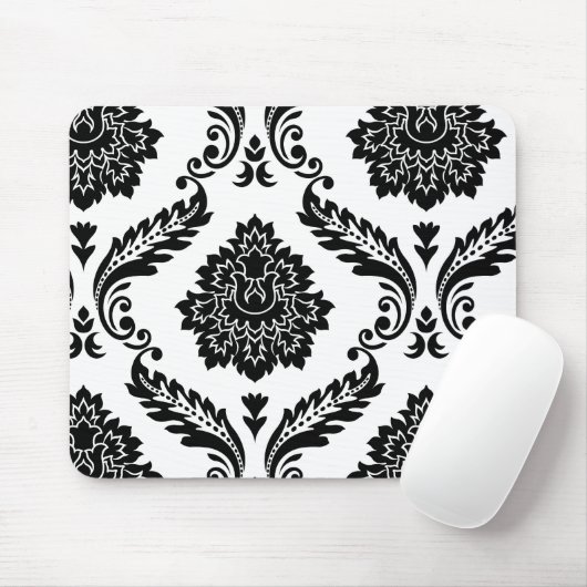 Rococo Damask Off-Set Pattern Black on White マウスパッド (マウス)