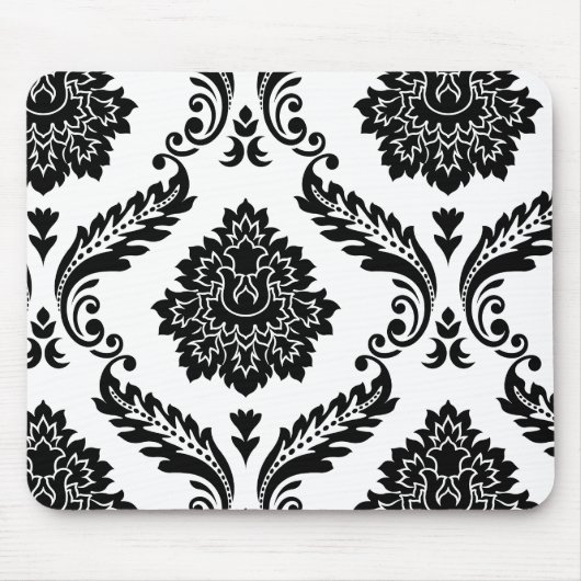 Rococo Damask Off-Set Pattern Black on White マウスパッド (正面)