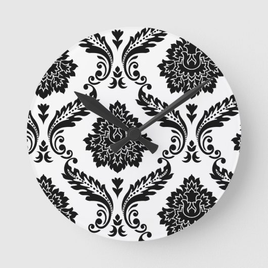 Rococo Damask Off-Set Pattern Black on White ラウンド壁時計 (正面)
