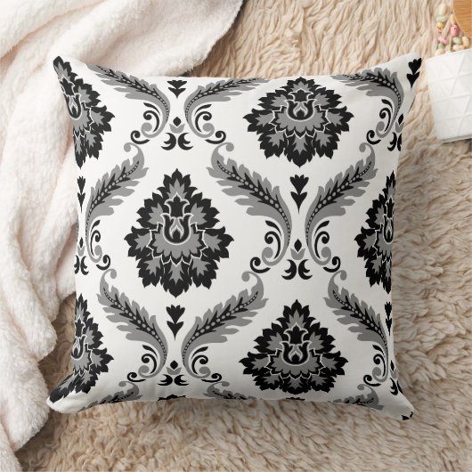 Rococo Damask Off-Set Pattern Grey Black White クッション (ブランケット)