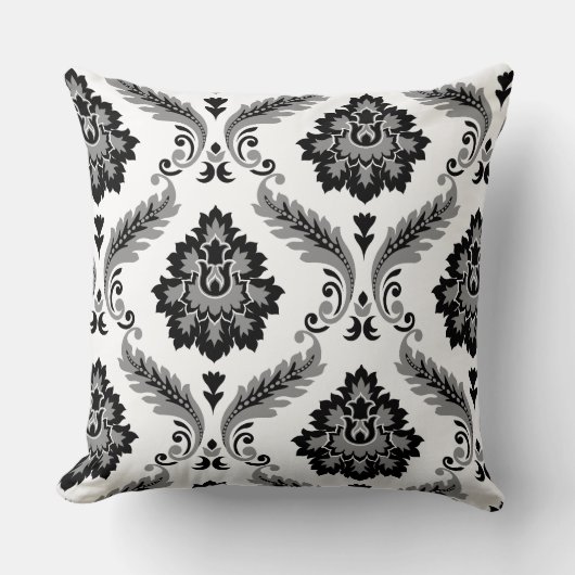 Rococo Damask Off-Set Pattern Grey Black White クッション (正面)