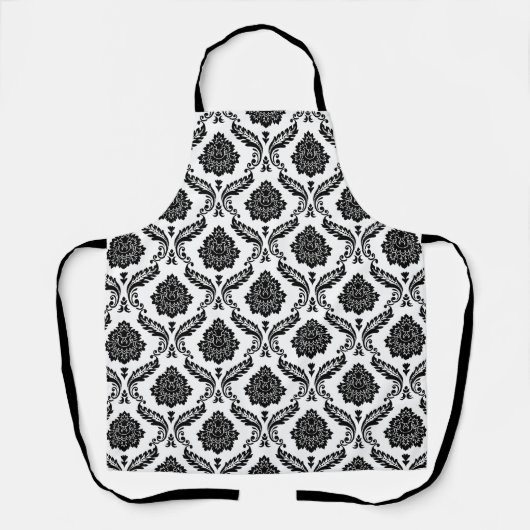 Rococo Damask Pattern Black on White エプロン (正面)