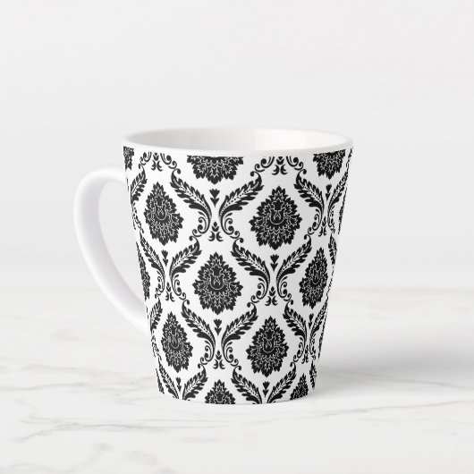 Rococo Damask Pattern Black on White カフェラテマグ (左アングル)