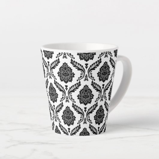 Rococo Damask Pattern Black on White カフェラテマグ (右アングル)
