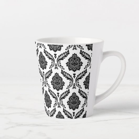 Rococo Damask Pattern Black on White カフェラテマグ (右)
