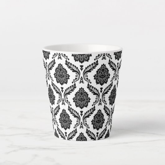 Rococo Damask Pattern Black on White カフェラテマグ (正面)