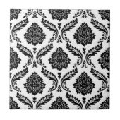 Rococo Damask Pattern Black on White タイル (正面)