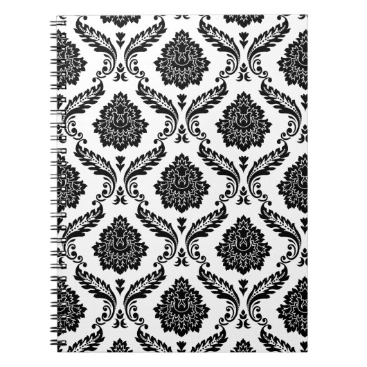Rococo Damask Pattern Black on White ノートブック (正面)