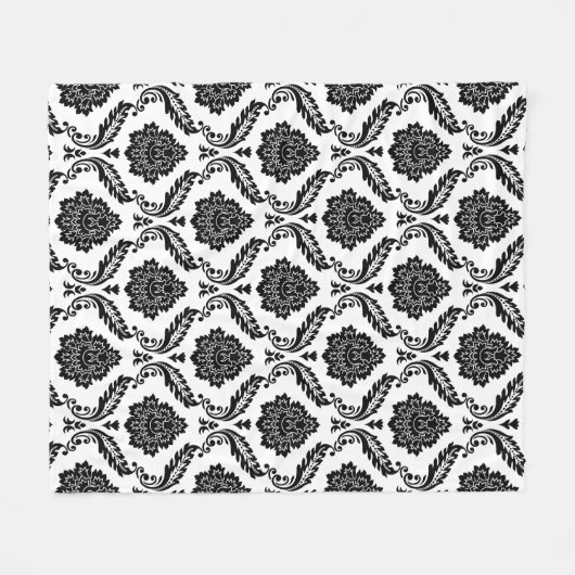 Rococo Damask Pattern Black on White フリースブランケット (正面(横))