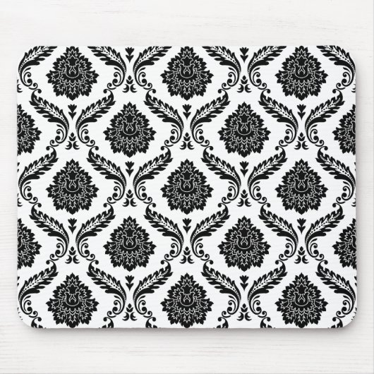 Rococo Damask Pattern Black on White マウスパッド (正面)