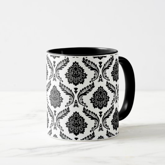 Rococo Damask Pattern Black on White マグカップ (正面右)