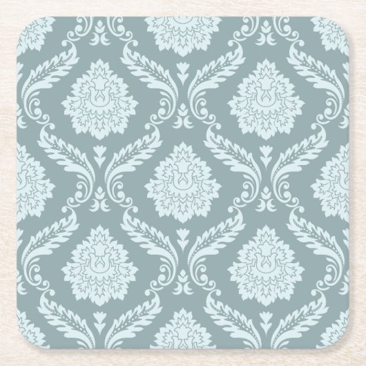 Rococo Damask Pattern Duck Egg Blue+Teal スクエアペーパーコースター (正面)