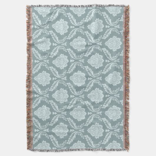 Rococo Damask Pattern Duck Egg Blue+Teal スローブランケット (正面縦)