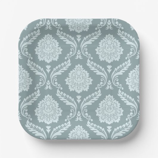 Rococo Damask Pattern Duck Egg Blue+Teal Paper Pla ペーパープレート (正面)