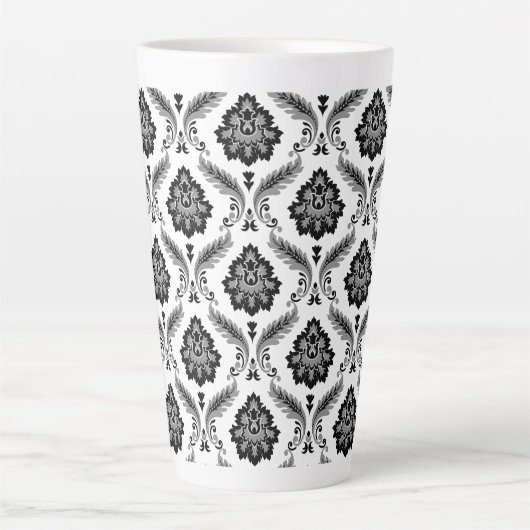 Rococo Damask Pattern Grey Black White カフェラテマグ (正面)