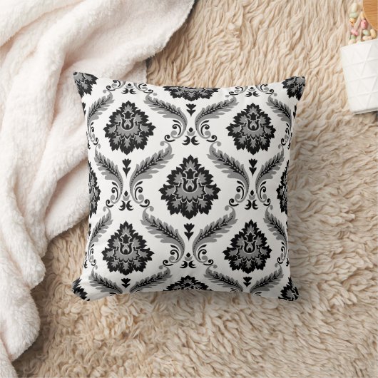 Rococo Damask Pattern Grey Black White クッション (ブランケット)